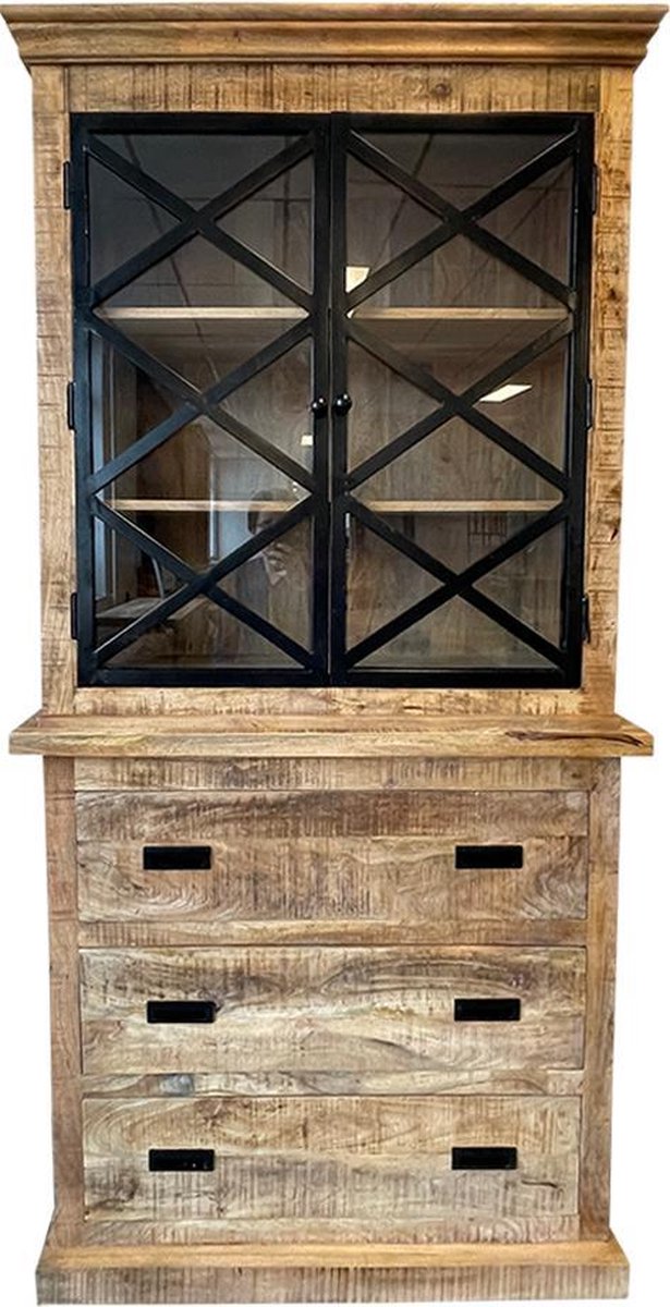 Mahom Mangohouten Buffetkast Denver 100 cm 3 lades X Mahom Industrieel - Vitrinekast van Mangohout & Metaal - Industriële Buffetkast Bruin