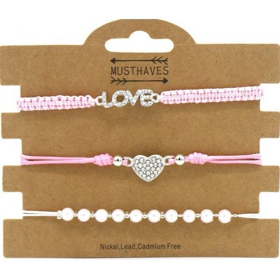 Pull Tie Armbandjes - Set 3 stuks - Hartjes - Roze - Love