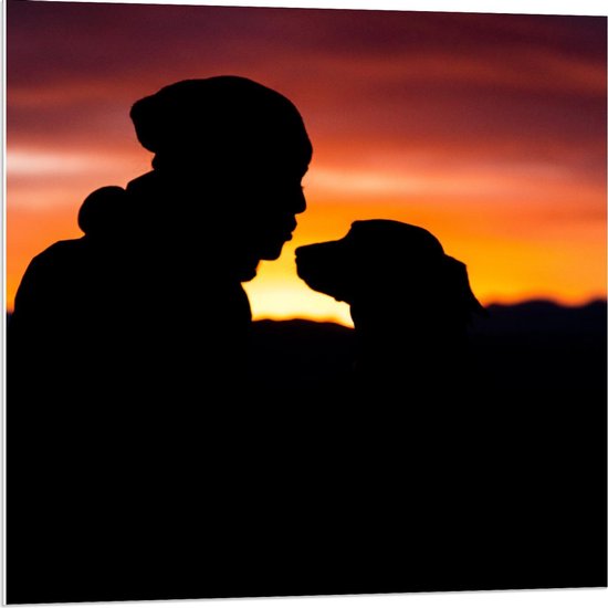 Forex - Silhouet van Personen met Hond - 80x80cm Foto op Forex