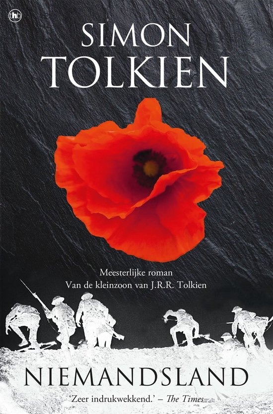 Boekomslag met rode klaproos en illustraties van soldaten in de loopgraven.