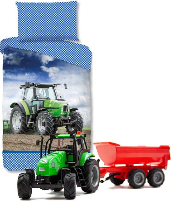 Good Morning Tractor kinderdekbedovertrek - eenpersoons -140x200 cm 100% katoen- Boerderij- incl. Tractor speelset met Dumper.