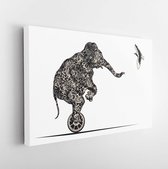 Onlinecanvas - Schilderij - Elephant On Wheel Meets Bird Art Horizontal Horizontal - Multicolor - 60 X 80 Cm