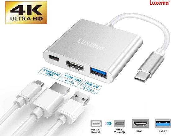 Luxema® - 4K USB C naar HDMI |  USB 3.0 |  USB-C - 3 in 1 adapter - 4K 1080p Ultra HD - Superspeed 10 Gbit/s - USB C naar Multi Port Kabel Converter - Splitter - Switch - Converter - Cadeau - Luxema®