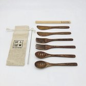 MLMW - Duurzame Bestekset WENGE - 10 delig - Wenge Houten lepel, vork en mes - Bamboe Rietjes met schoonmaakborstel - Handgemaakt - Uniek - Duurzaam - 100% Natuurlijk - Inclusief linnen zakje - Bruin