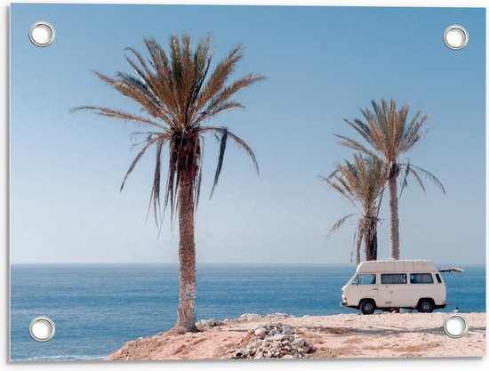 Tuinposter – Busje Langs de Zee met Palmbomen - 40x30cm Foto op Tuinposter  (wanddecoratie voor buiten en binnen)