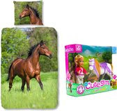 Good Morning Dekbedovertrek bruin Paard-140 x 220 cm, Paarden dekbed-katoen, incl. speelset Pop met Paard.