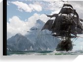 Canvas  - Geschilderd Schip met Bergen - 40x30cm Foto op Canvas Schilderij (Wanddecoratie op Canvas)
