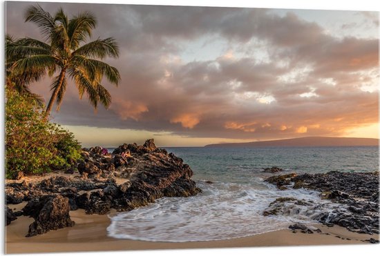 Acrylglas - Hawaï Strand met Ondergaande Zon - 120x80cm Foto op Acrylglas (Met Ophangsysteem)