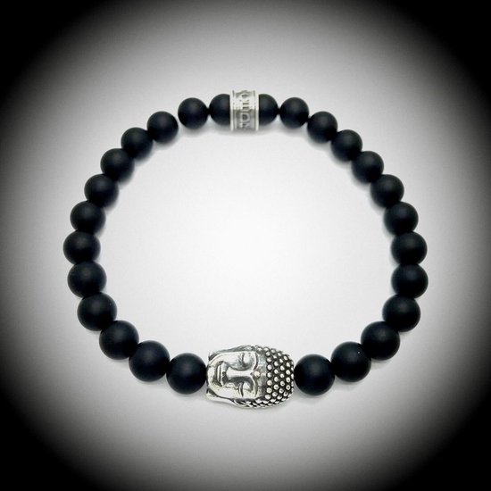Bracelet en Natuursteen avec breloque Bouddha / Bouddha en Argent sterling 925 de 13 grammes d' Argent , bracelet en pierres précieuses fait à la main avec des perles de 8 mm ( Onyx mat).