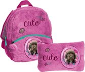 Rachael Hale Cute Puppy - Peuter- Kleuterrugzak - Pluche - 29x24x9cm - Roze , incl. etui pluche
