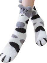 Warme sokken dames - huissokken - kat print - grijs - wit - zwart - met leuke oortjes - 36-40