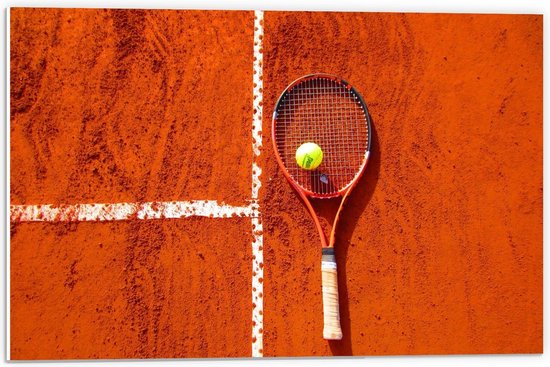 Forex - Oranje Tennis Racket / Baan - 60x40cm Foto op Forex