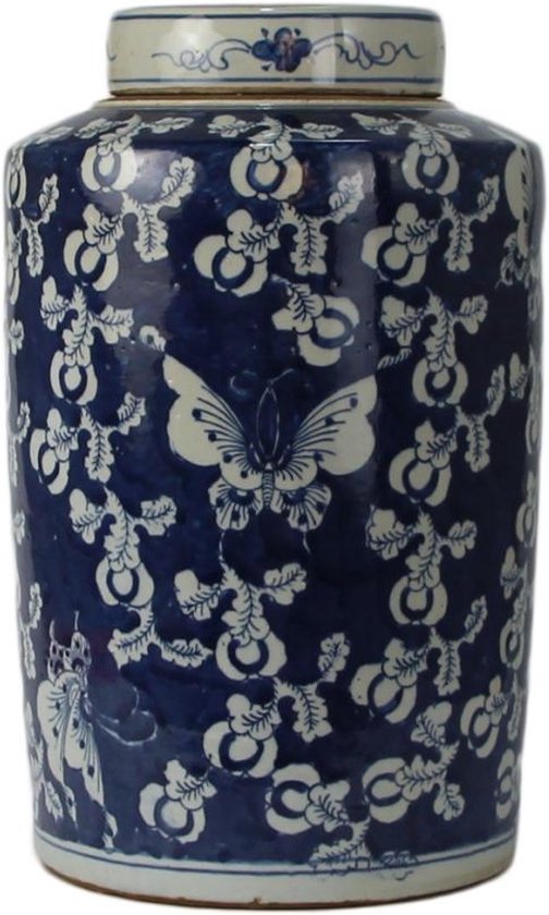 The Ming Garden Collection | Chinees Porselein | Chinese Vaas | Grote Porseleinen Gemberpot Met Vlinders | Blauw & Wit