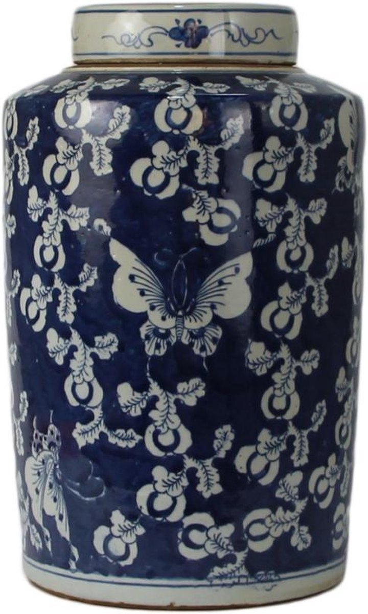 The Ming Garden Collection | Chinees Porselein | Chinese Vaas | Grote Porseleinen Gemberpot Met Vlinders | Blauw & Wit