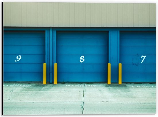 Dibond - Garage Deuren Blauw met Cijfers - 40x30cm Foto op Aluminium (Met Ophangsysteem)