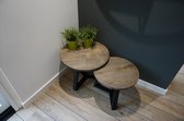 Set industriële eikenhouten salontafels met rond blad kleur blackwash en mat zwart onderstel