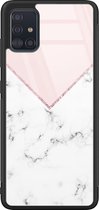 Samsung A71 hoesje glas - Marmer roze grijs - Hard Case - Zwart - Backcover - Marmer - Roze