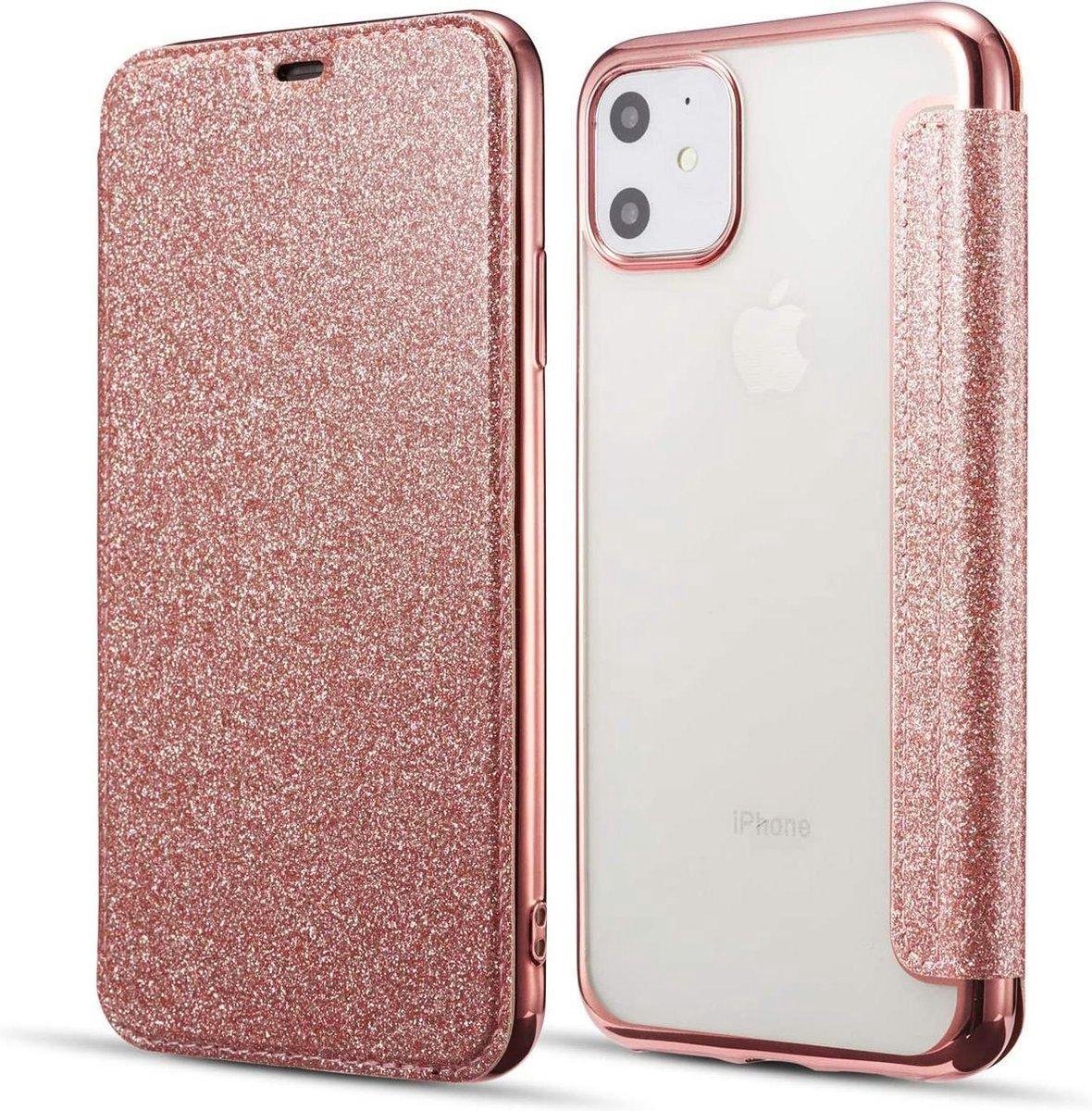 Geschikt voor Apple iPhone 12 Flip hoesje - Roze - Folio Glitter