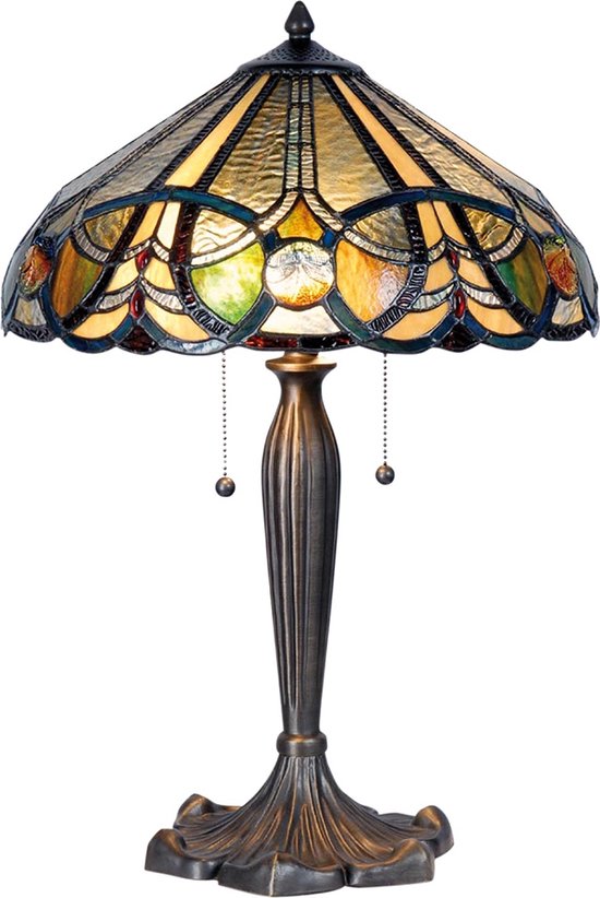 LumiLamp Tiffany Tafellamp Ø 41x61 cm Beige Groen Glas Driehoek Tiffany Bureaulamp
