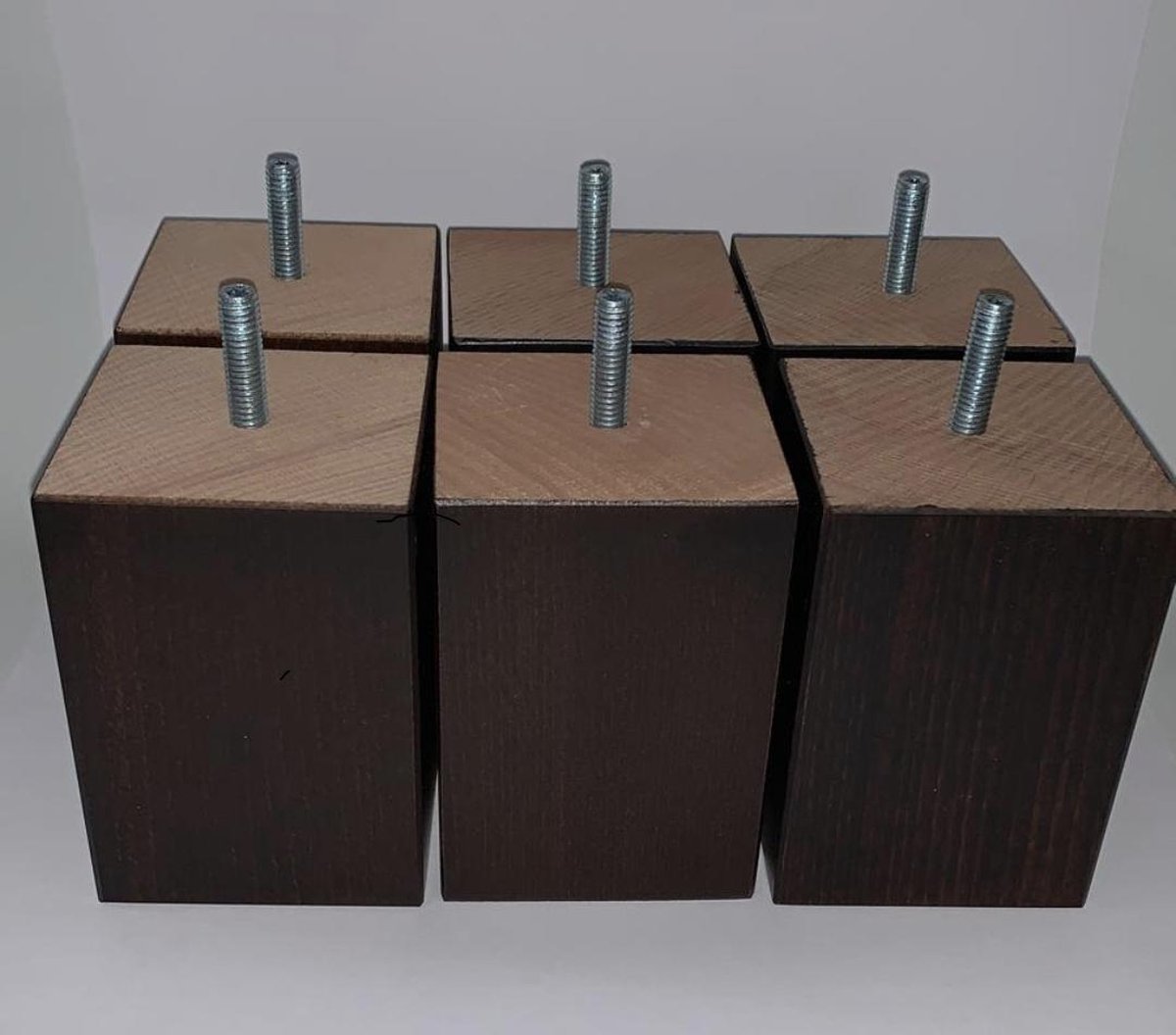 Set van 6 stuks houten meubelpoten Wengé (donker bruin) beuken 10 cm hoogte 7x7 cm M8 draadeinde Boxspring bedden banken