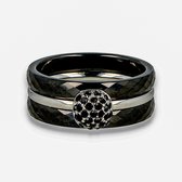 My Bendel - Set van zwart keramiek met zwarte zirkonia - Mooie ringenset van twee ringen van zwart keramiek met een zilveren zirconia ring - Met luxe cadeauverpakking