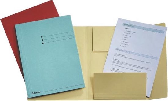 Een lichtblauwe Esselte map met driekleppensluiting ligt open met een rode map en een gele map ernaast. Papierwerk is zichtbaar in de open map.