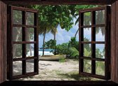 Tuindoek doorkijk door openslaand venster naar een tropisch eiland - 100x75 cm - tuinposter - tuinposter doorkijkje – Doorkijk tuinposter - tuinposter doorkijk xxl – Tuinposter buiten met een zee, strand en palmbomen