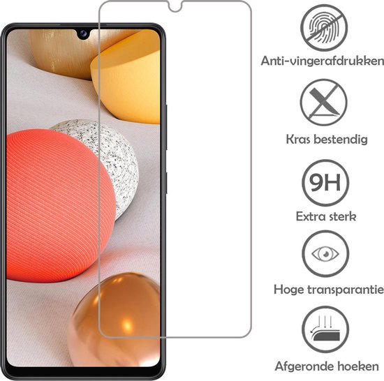 Zwarte telefoonhoes en een screenprotector ernaast, met icoontjes voor anti-vingerafdrukken, krasbestendig en extra sterk.