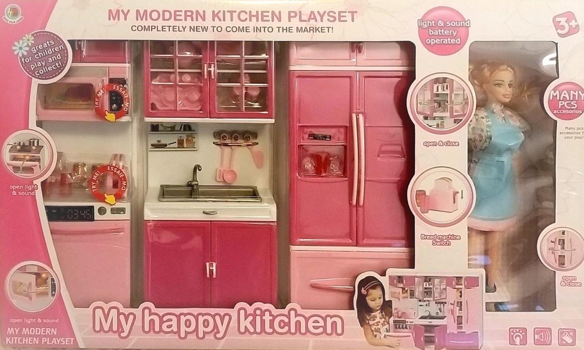 picknick gaan beslissen hemel My Happy Kitchen Playset - Barbiepop - Speelkeuken met Pop en Licht en  Geluid -... | bol.com