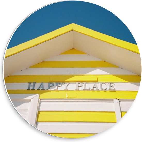 Forex Wandcirkel - ''Happy Place'' op Geel Strandhutje - 30x30cm Foto op Wandcirkel (met ophangsysteem)