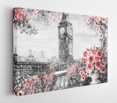 Oil Painting, summer in London. Gentle city view. flower rose and leaf. View from the top balcony. Big Ben, England, wallpaper. watercolor modern art. Red. black and white  - Moder