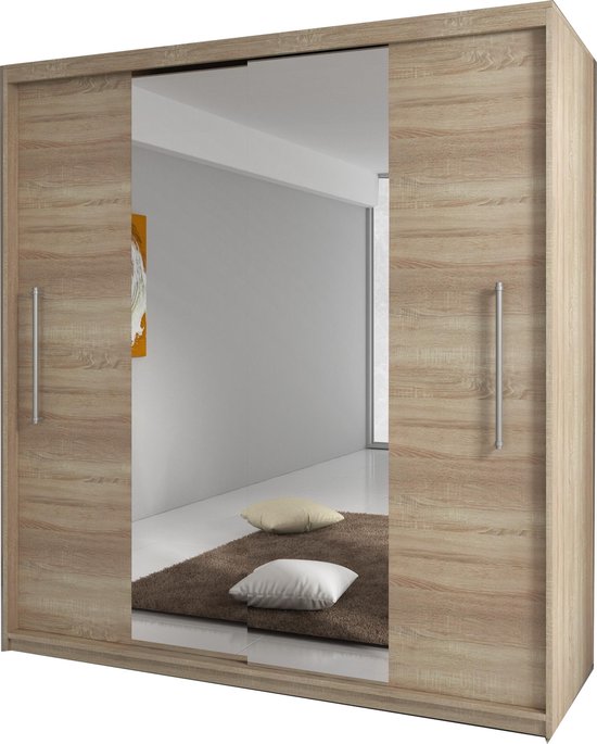 E-MEUBILAIR Zweefdeurkast Kledingkast met Spiegel Garderobekast met planken en kledingstang - 204x58x218 cm (BxDxH) -NICO (SONOMA)