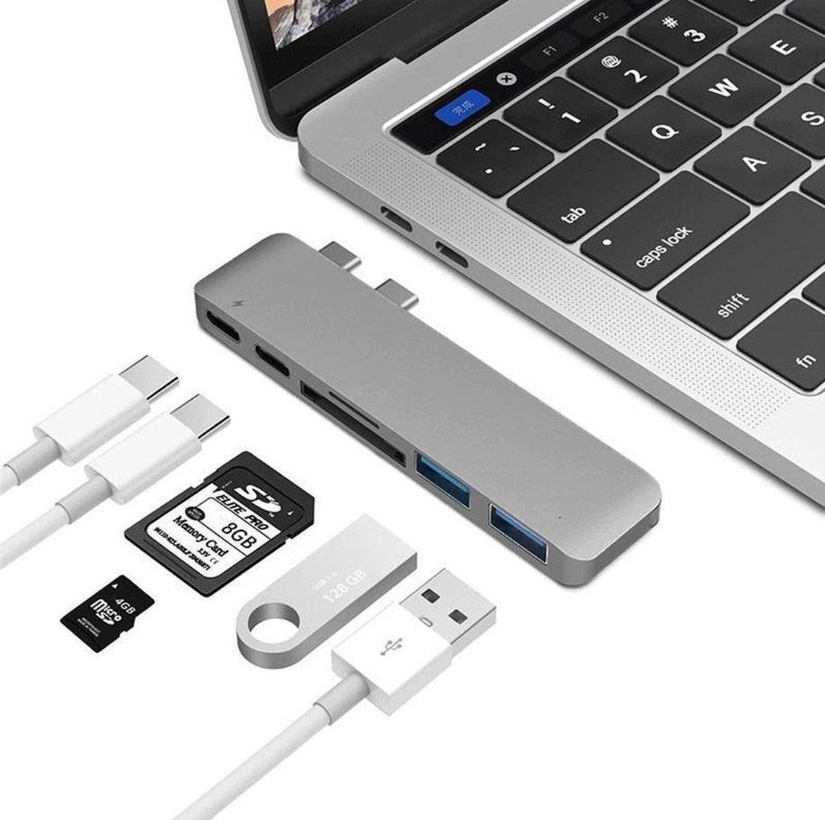 6 in 2 multifuctionele USB Type C Hub naar 2x USB 3.0 Poort + 2x USB C Poort + Micro SD / SD Kaartlezer – Macbook Pro – Thunderbolt | Macbook Pro USB C Hub - Spacegray - TOJ
