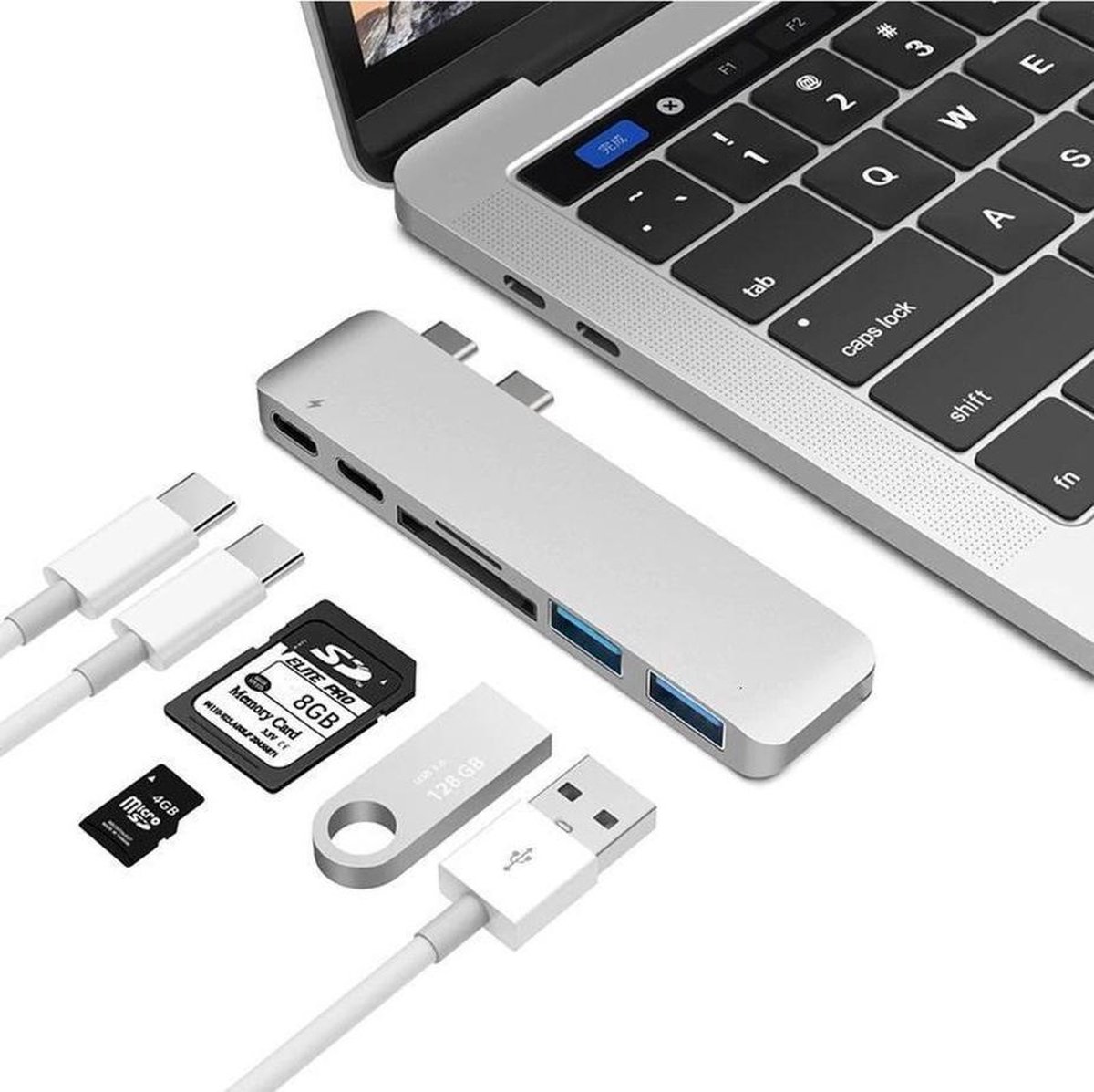 6 in 2 multifuctionele USB Type C Hub naar 2x USB 3.0 Poort + 2x USB C Poort + Micro SD / SD Kaartlezer – Macbook Pro – Thunderbolt | Macbook Pro USB C Hub - Zilver