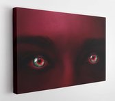 Creative photo of a woman's face with neon light dark red color and glowing multi-colored eyes with a mysterious intense look. Glowing in the dark eyes close-up macro.  - Modern Ar