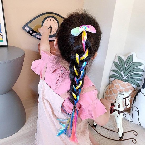 Vlecht nep haar - gekleurd - elastiek - strik met regenboog - kinderen -  paardenstaart... | bol.com