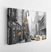 Oil painting on canvas, street view of New York, woman under an umbrella, yellow taxi, modern Artwork, American city, illustration New York - Modern Art Canvas - Horizontal - 697213858 - 50*40 Horizontal