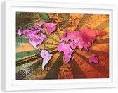 Foto in frame , Roze Wereld op gekleurde stralen , 120x80cm , roze geel groen , wanddecoratie