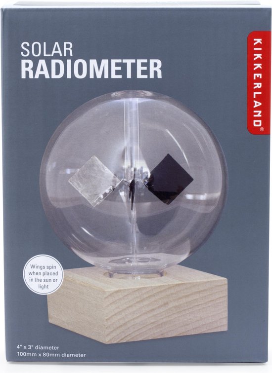 Kikkerland doos met "Solar Radiometer" erop, toont een glazen bol op houten voet.