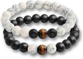 Kralen heren / relatie armband / vriendschap / love - Yin Yang  - 2 stuks / 0.8 cm / natuursteen - zwart onyx - wit met bruin tijgeroog