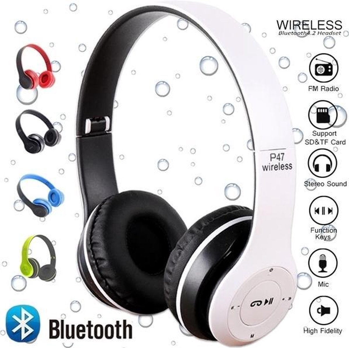 P47 5.0| Bluetooth Hoofdtelefoon | Draadloze Headset | Wireless Headphones | Opvouwbaar| Handsfree bellen| Microfoon|MP3| FM Radio|Wit