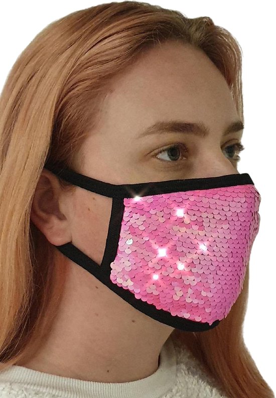 50 stuks - pailletten mondkapje neon pink/ felroze - stoffen mondmasker - herbruikbaar - 2 lagen - katoen