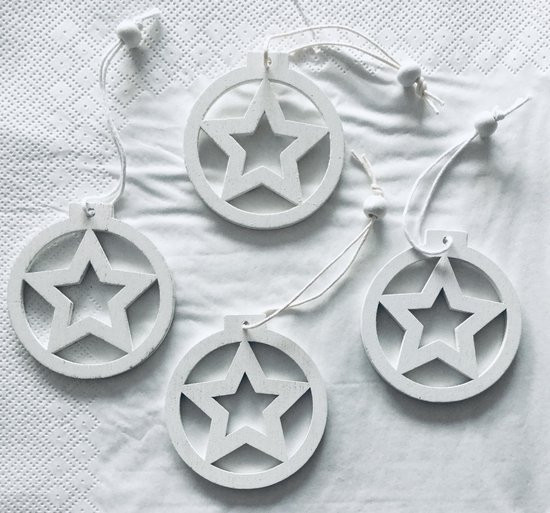 Houten kerstdecoratie kersthanger ster wit - 4 stuks