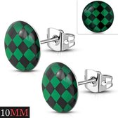 Aramat jewels ® - Geruite oorbellen zwart groen zilverkleurig staal 10mm