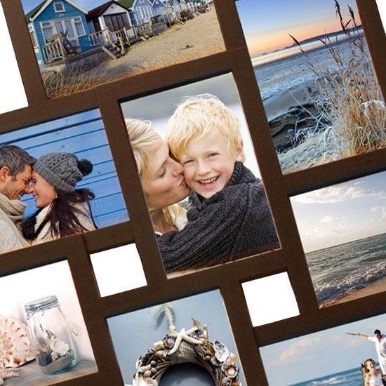 Een fotolijst met meerdere vakken met foto's van het strand, een stel en een moeder met kind.