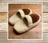 DyLeatherDesign- Sloffen- Pantoffels- 100% Biologische schapenwol- Ecru/Bruin- Maat 40