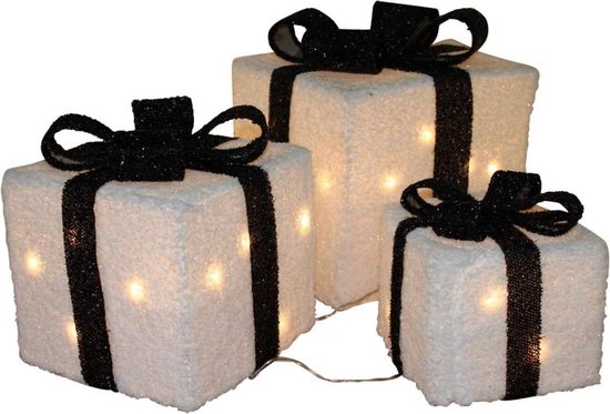 3 decoratieve kerstcadeaus - Wit met zwarte strik - 42 led lampjes -  Kerstboom | bol.com