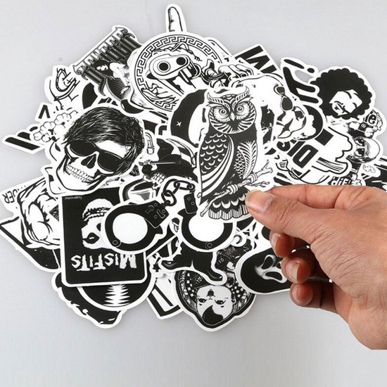 Suitup zwart & wit rock sticker set - 50 stuks weerbestendige stickers voor op laptop, fiets, koffer of gitaar. - Suitup