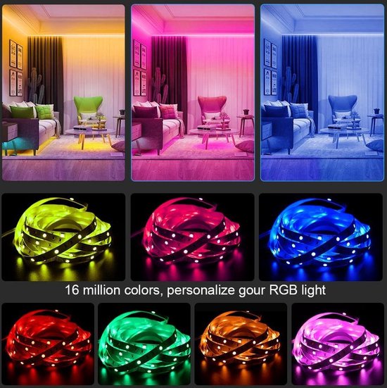 LED-stripverlichting ColorRGB 5M 10M LED Strip Light RGB 5050 Flexibele Lint fita led light strip RGB Tape Diode Telefoon app + afstandsbediening - 5m - Niet Waterproef - B&N Trading