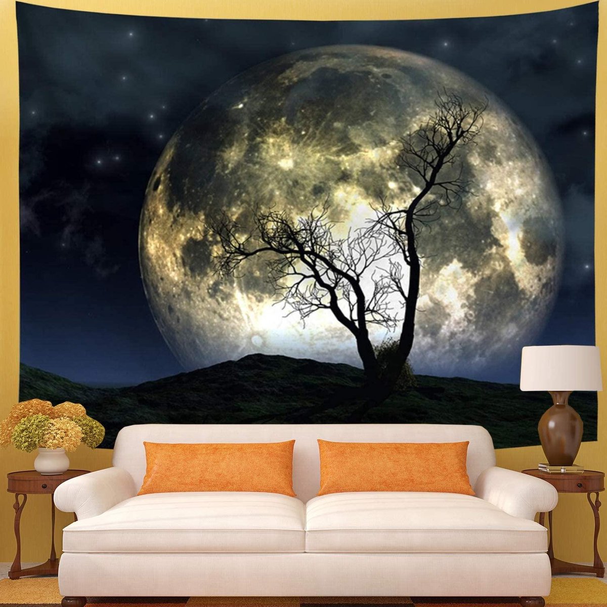 Tapis Mural Décoratif 200x150 Cm - Motif Arbre Et Pleine Lune - Tissu Polyester Léger - Décoration Chambre Ou Salon